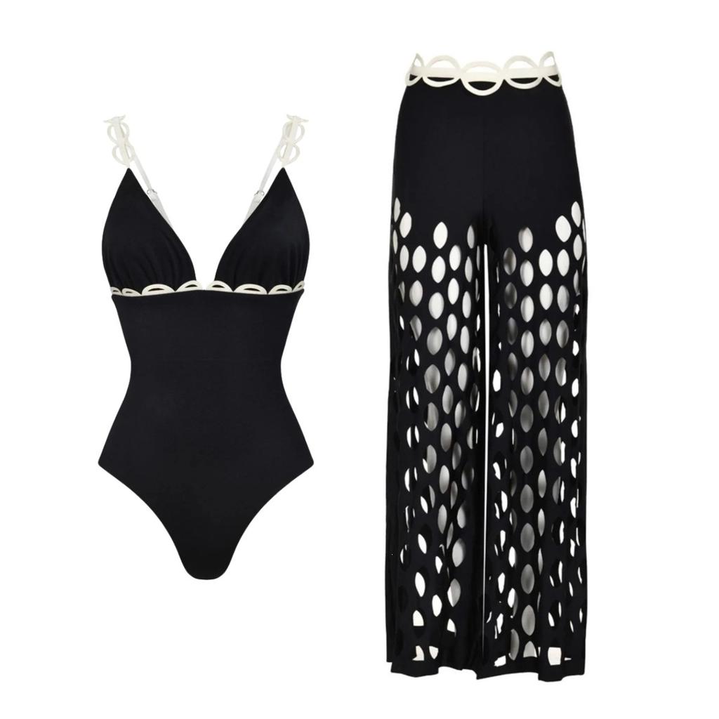 1011 European and American bikini new black niche high-end hollow beach pants split swimsuit set 19110
