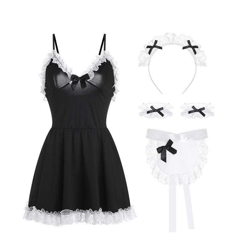Sex Underwear Sexy Large Size Pure Maid Uniform Pure Desire Playful Perspective Lace Suspender Set