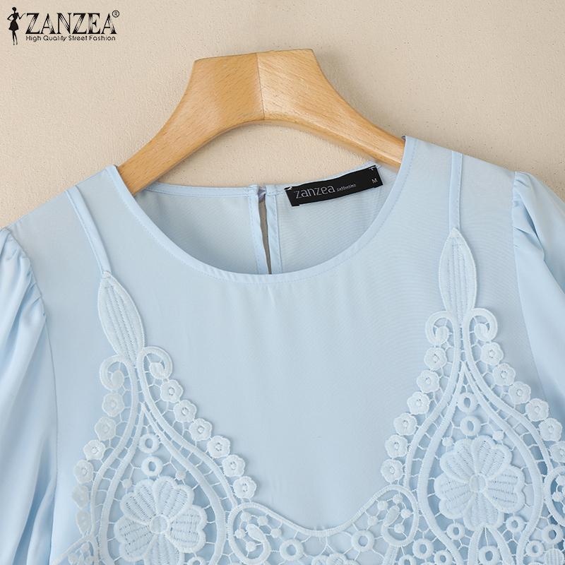 ZANZEA Женские повседневные футболки с круглым вырезом, крючком, пэчворк, летние, с коротким рукавом