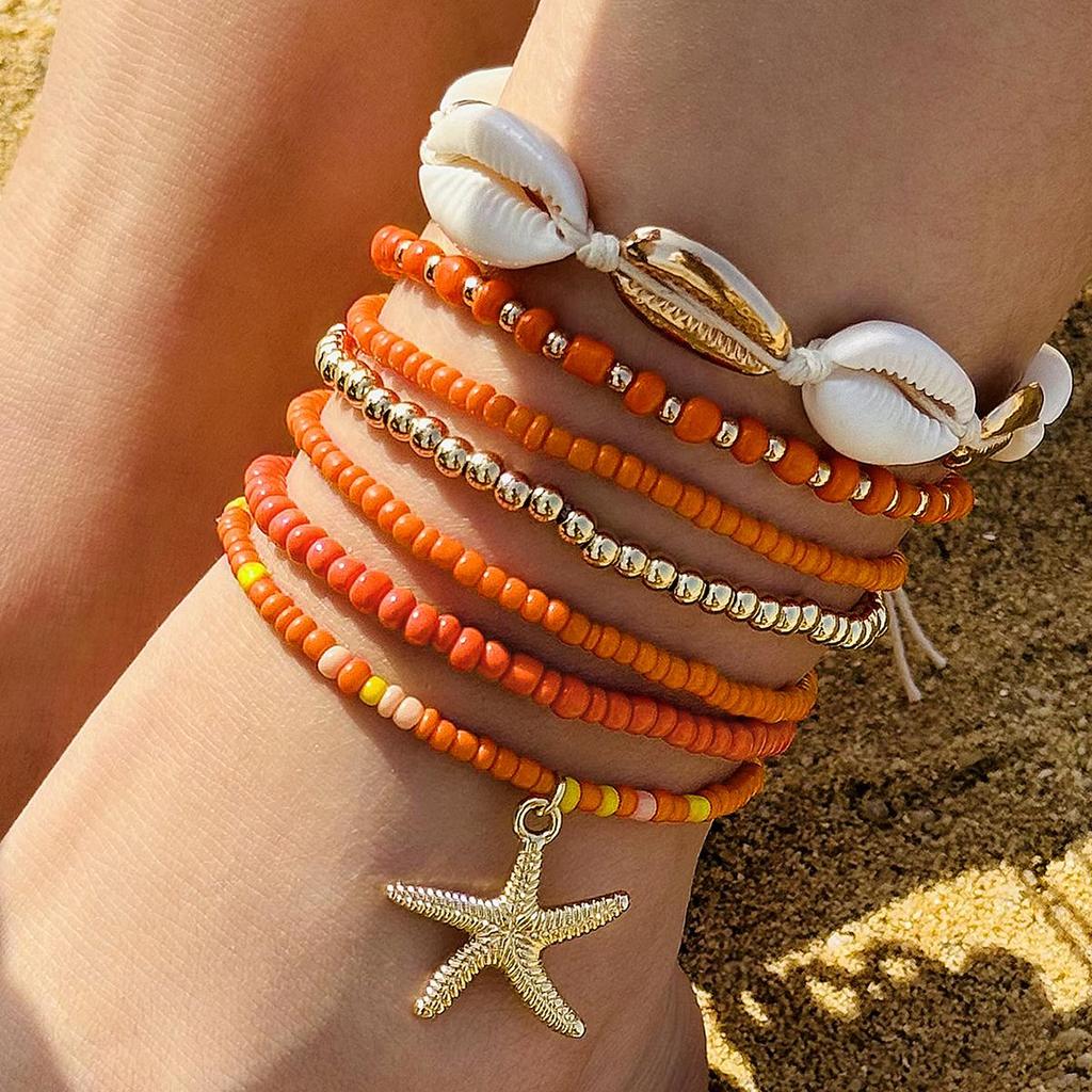 7PCS Boho Fashion Shell Color Beads Anklet Set Jewelry for Women Girls Beach Holiday Handmade Bijoux