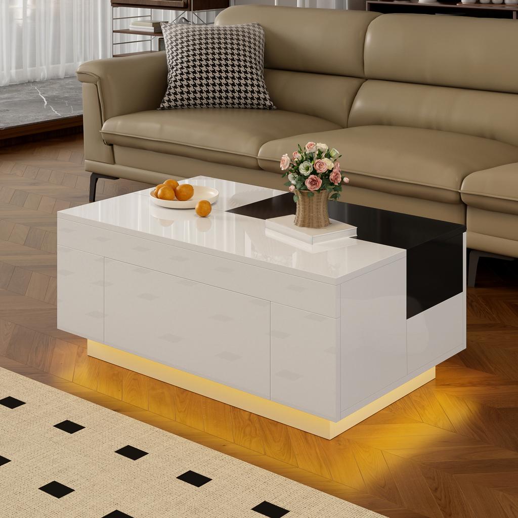 High-Gloss Coffee Table with LED Lighting, Extendable Black-and-White Tabletop, Hidden Storage and 16-Color Adjustable Light Strip