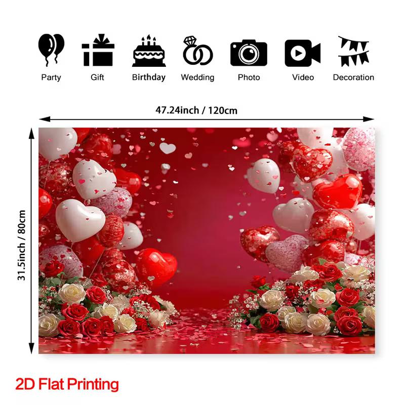 2D Red Love Theme with Heart Balloons and Roses Themed Backdrop