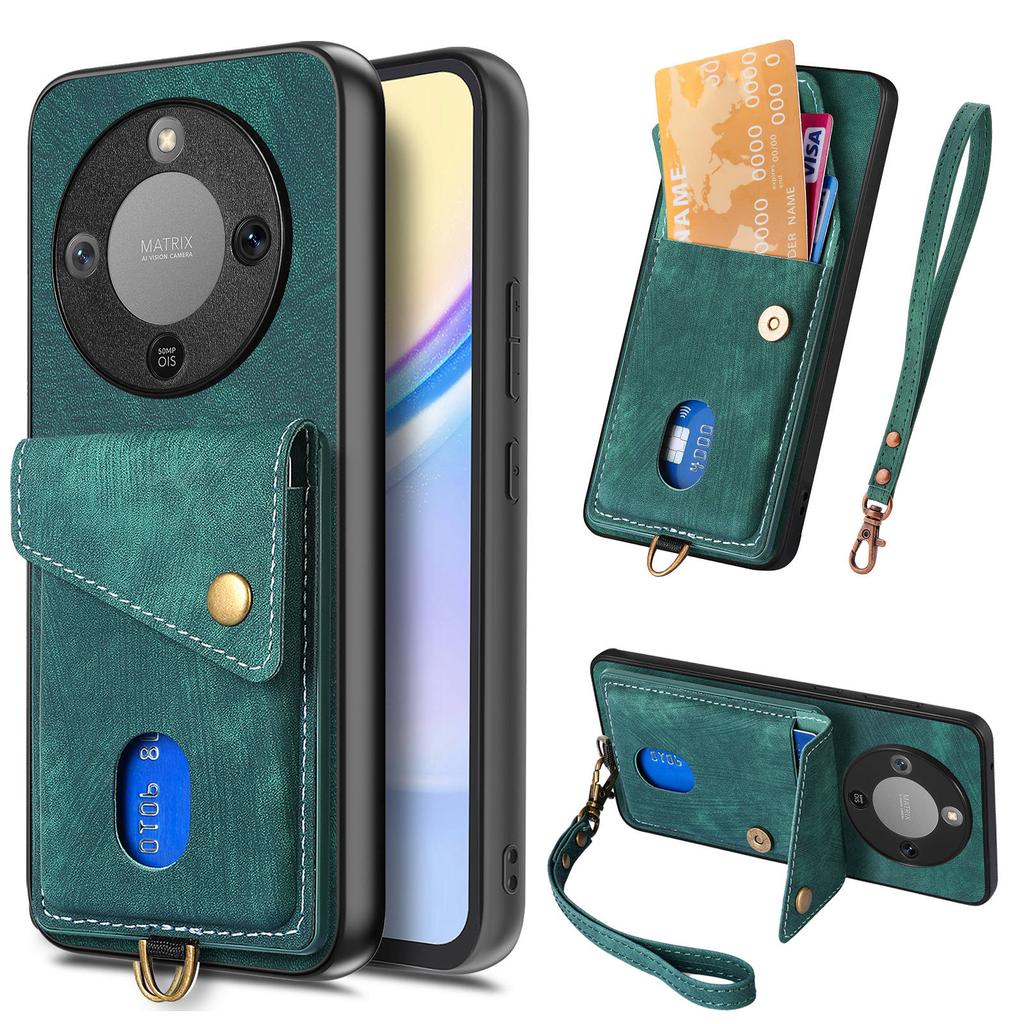 Чехол для телефона Honor Magic8 Lite 5G / X9d 5G / X70 5G с держателем для карт, подставкой, кожаной задней крышкой и ремешком на запястье