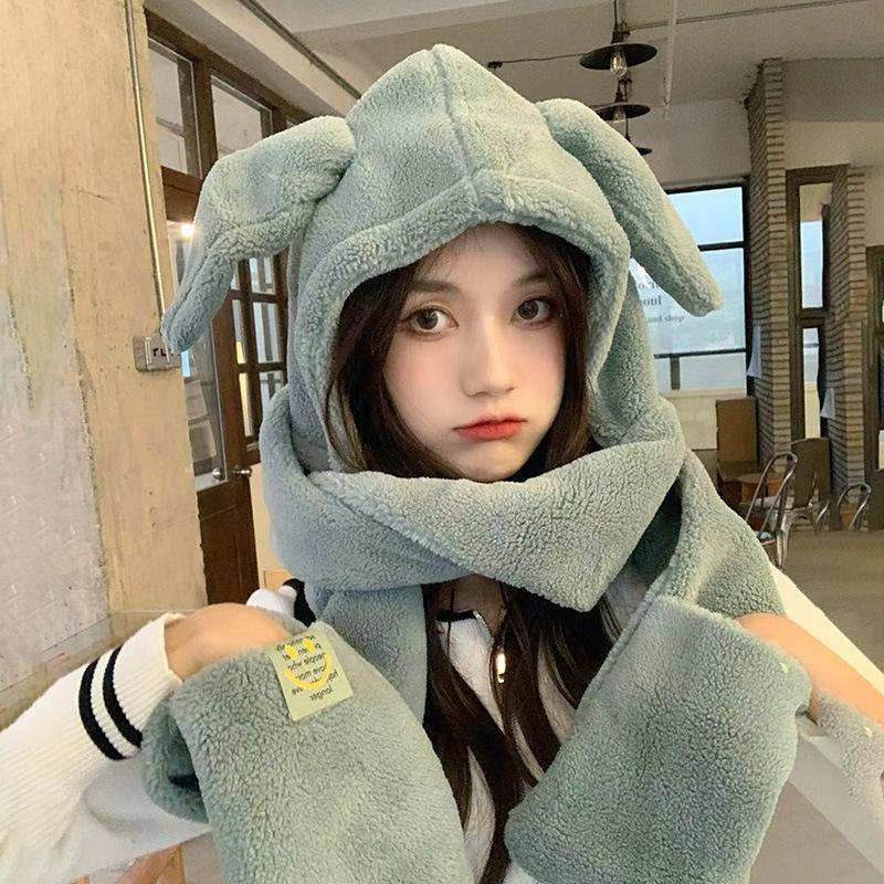 Autumn and Winter Hats for Women Cute Rabbit Ear Scarf Integrated Warm Plush Gloves Three Piece Set Korean Style Versatile Scarf