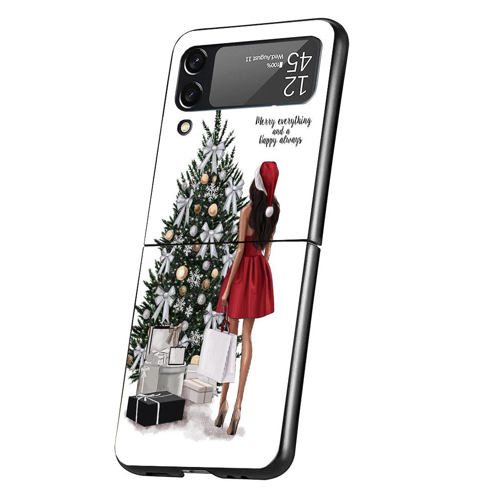 Christmas Girls Tree Gift Cover Phone Case For Samsung Galaxy Z Flip 7 6 5 4 3 5G Flip7 Flip6 Flip5 Flip4 Flip3 Black Fundas She