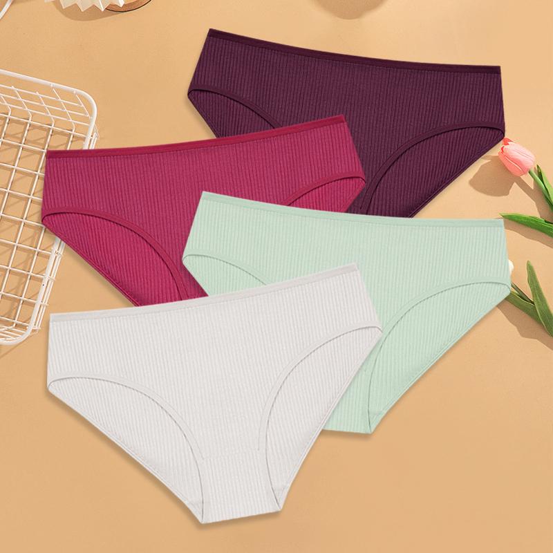4Pcs Women's Cotton Ribbed Briefs Solid Breathable Elastic Underwear Sexy Simple Comfortable Panties Girls Soft Basics Lingerie