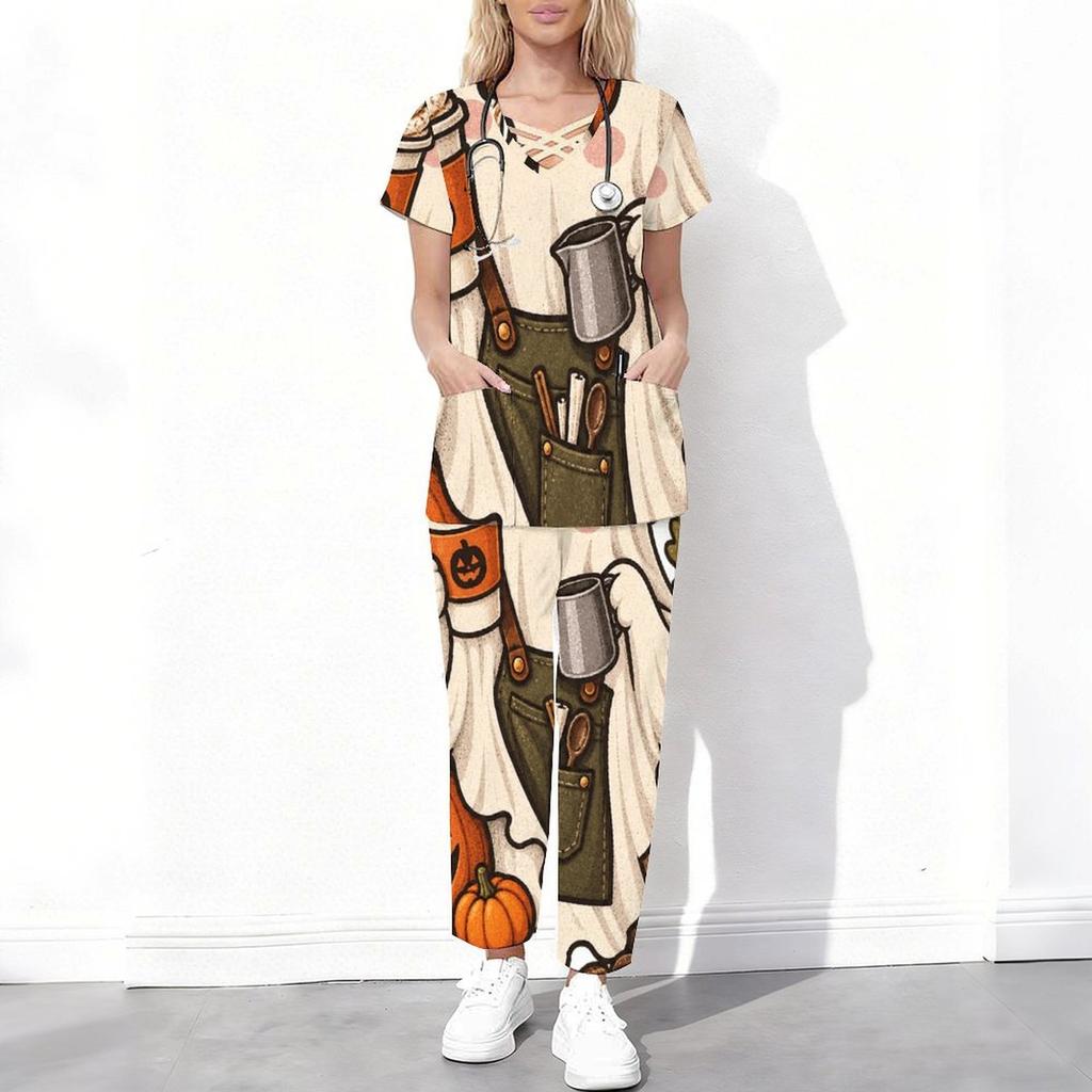 Women Plus Size Halloween Printed Scrub Set Cutout Neck Short Sleeve Pocket Top Long Pants Two Piece