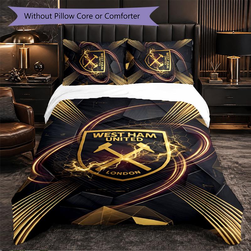 West Ham United Football 3 Piece Bedding Set Soft Duvet Cover Set with Pillowcases Printed Bedroom Decor Set for Home