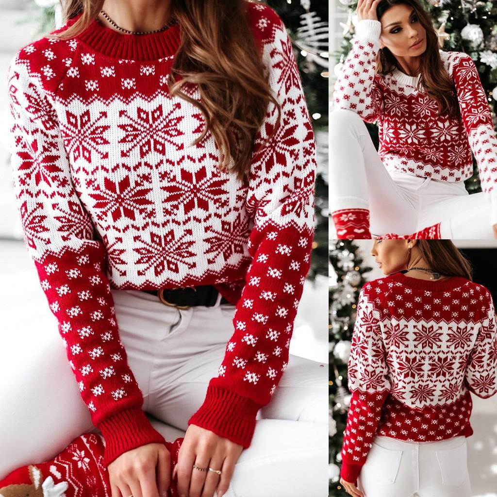 Женский рождественский пуловер с изображением лося и снежинки, свитер, трикотажные топы, блузка