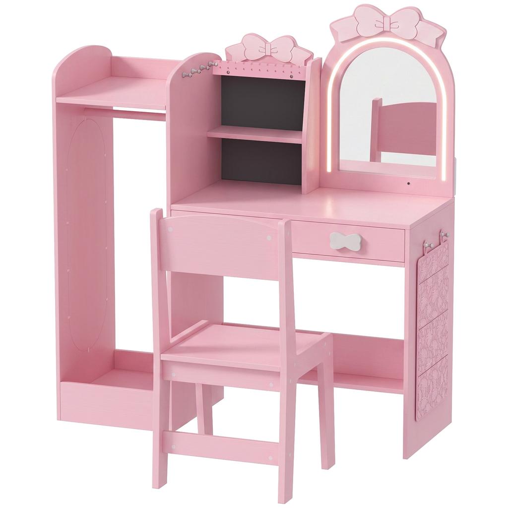 Kids Dressing Table, 3-in-1 Kids Vanity Set with Stool, Pink