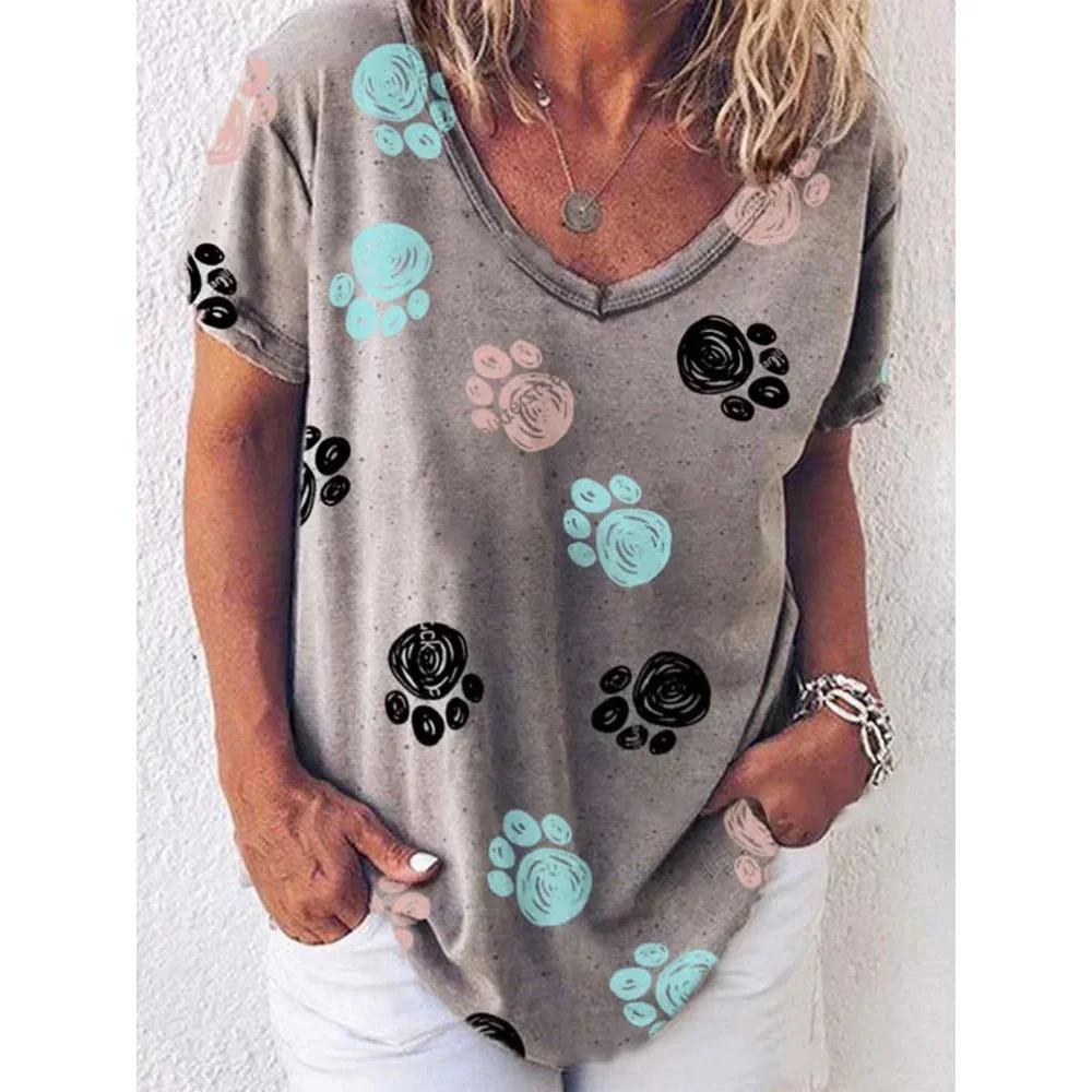 Ретро Женская Футболка Аниме Кот Графический Девочка Одежда Летняя V-образный Вырез Короткий Рукав Футболки Женская Харадзюку Уличная Одежда