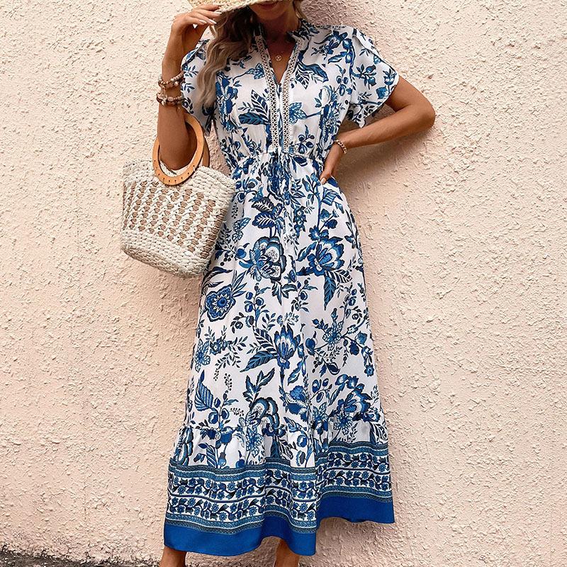 Summer Women's Dress Casual A-line Long Ethnic Printed Dresses