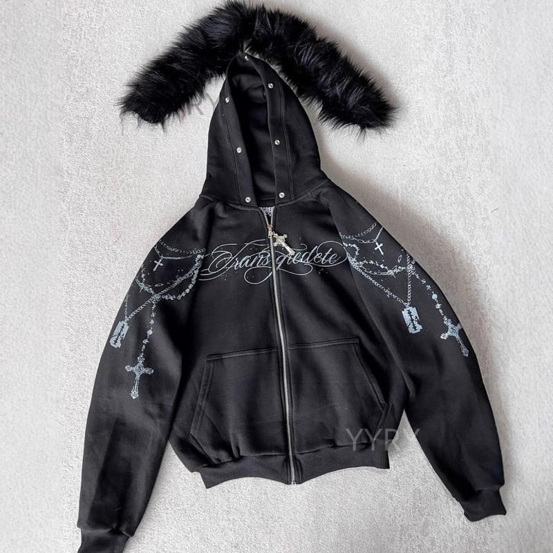 Unisex Hooded Zipper Detachable Fuzzy Hat Print Sweatshirt Pants Set Long Sleeve Loose Fit Hip Hop Style