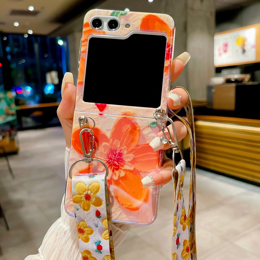 Чехол с ремешком через плечо с цветами и акварельными цветами для Samsung Galaxy Z Flip 5 4 3, милый глянцевый силиконовый чехол с цветочным принтом