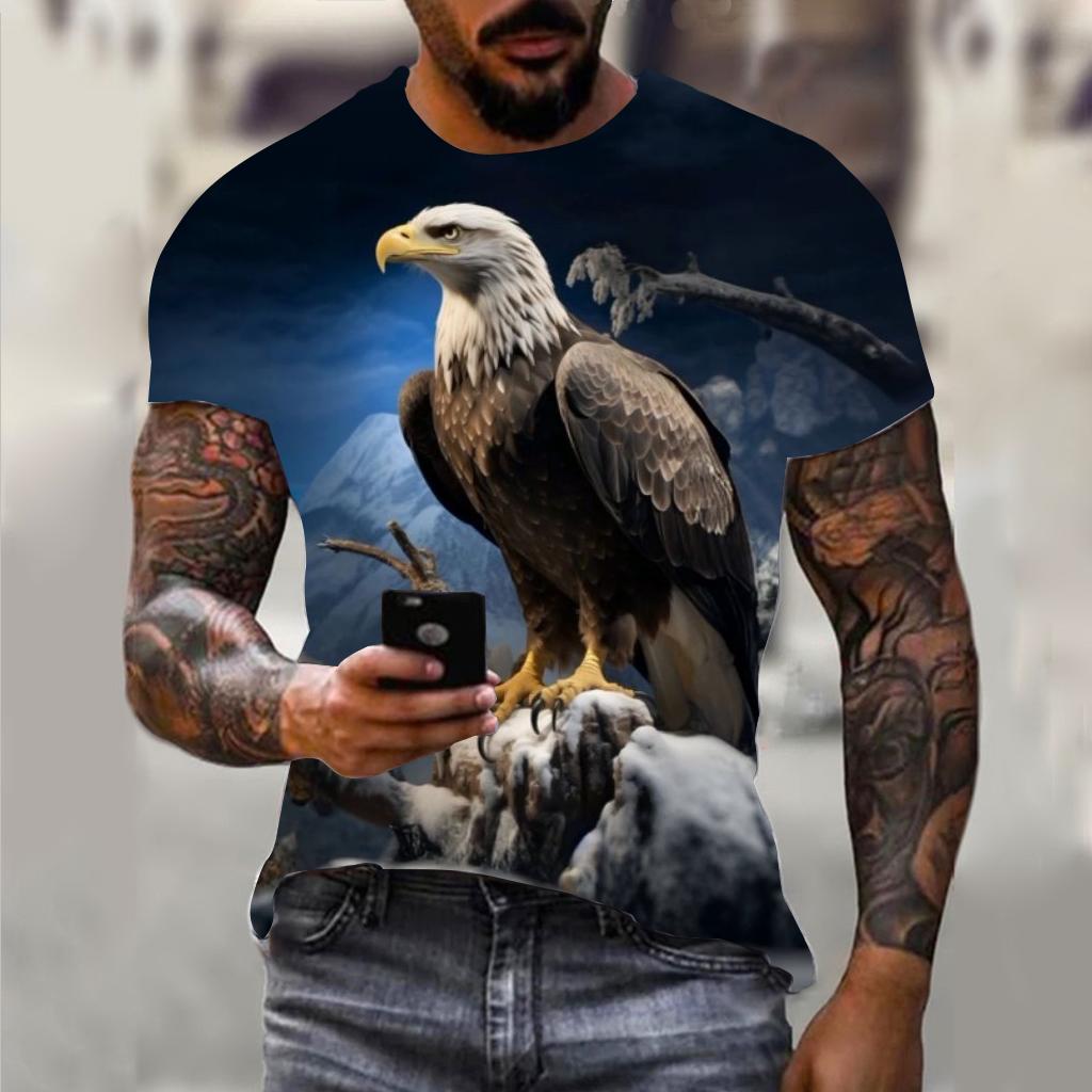 Fun 3D Animal Eagle Print Men's T-shirt Hip Hop Trend Street Casual Round Neck Short Sleeve Loose Top