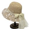 Summer lace flower shade straw hat female bow pearl decoration brim seaside vacation wind sun hat