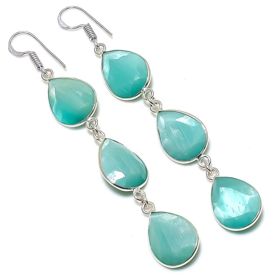 Natural Blue Chalcedony Gemstone 925 Sterling Silver Jewelry Earring 3.23" L2P61