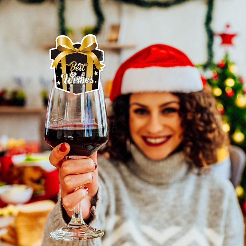 12pcs 2025 Happy New Year Glasses Identifier Champagne Paper Card Topper Christmas Cups Insert Xmas Home Party Decor Supply