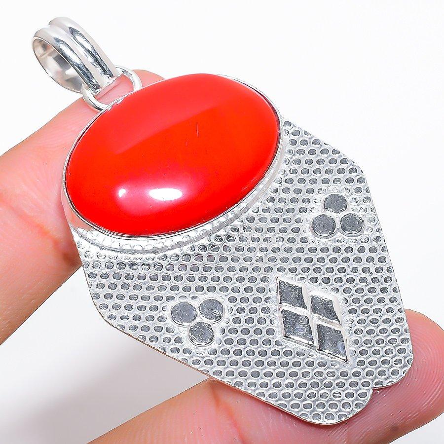 Italian Red Coral Gemstone Handmade 925 Sterling Silver Jewelry Pendant 2.56"