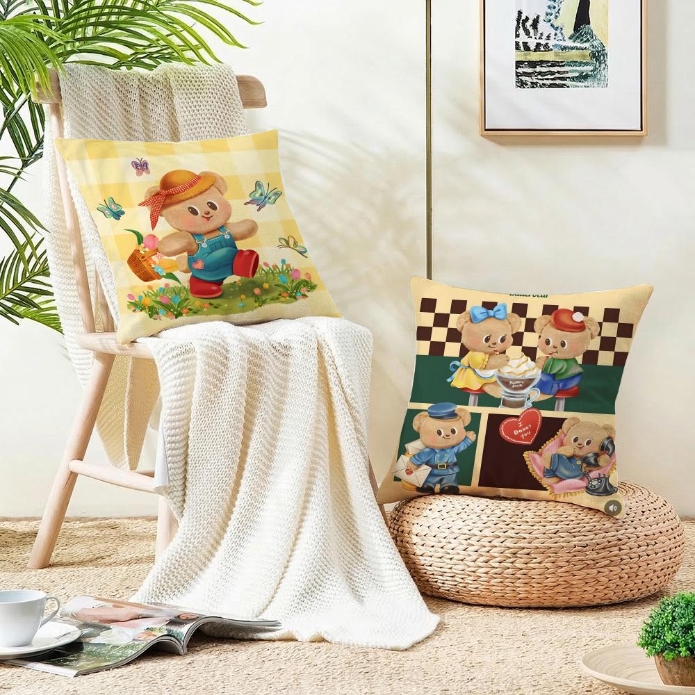 Cute BButter BearS Cushion Cover Breathable and skinfriendly linen pillowcase square removable and washable cushion