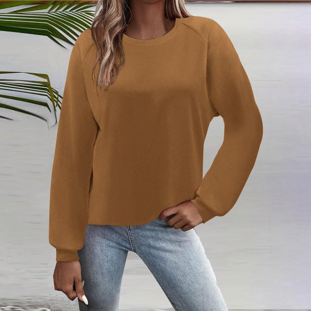 Женская мода повседневный однотонный круглый вырез рукав длинный рукав топ