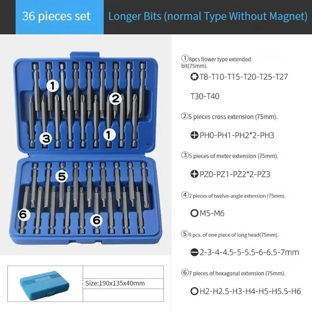 50/36Pcs 1/4 Head Long Screwdriver Bit Set Extra Long Torx Star Hex Spline Bit