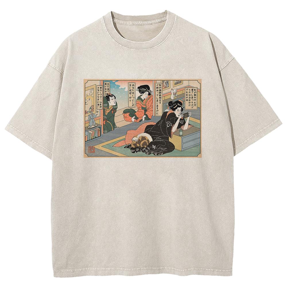100% Хлопковая Футболка Забавная Футболка с Мультяшным Котом в Японском Стиле Ретро Мужская/женская Футболка Винтажная Оверсайз Топы Минеральной Стирки