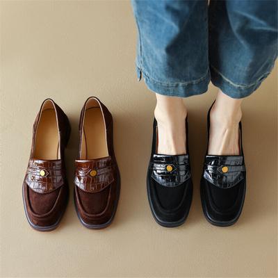 Модные Новые Осенне-Зимние Женские Туфли-Лодочки из Овчины Замши для Женщин Французский Круглый Носок Низкий Каблук Лоферы Zapatos Mujer Массивный Каблук Женские