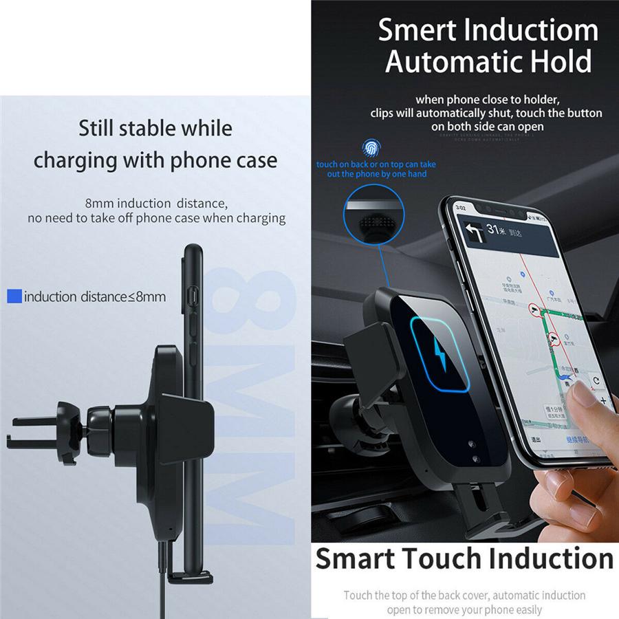 360° Automatic Clamping 10W Qi Wireless Fast Car Charger  Mount Air Vent Cell Phone Holder With Build-in Battery