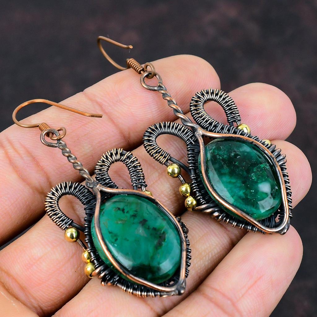 Граненые серьги с замбийским изумрудом, медная проволока, серьги ручной работы, антикварные ювелирные изделия, серьги с драгоценными камнями, свадебный подарок, медная проволока, ювелирные изделия