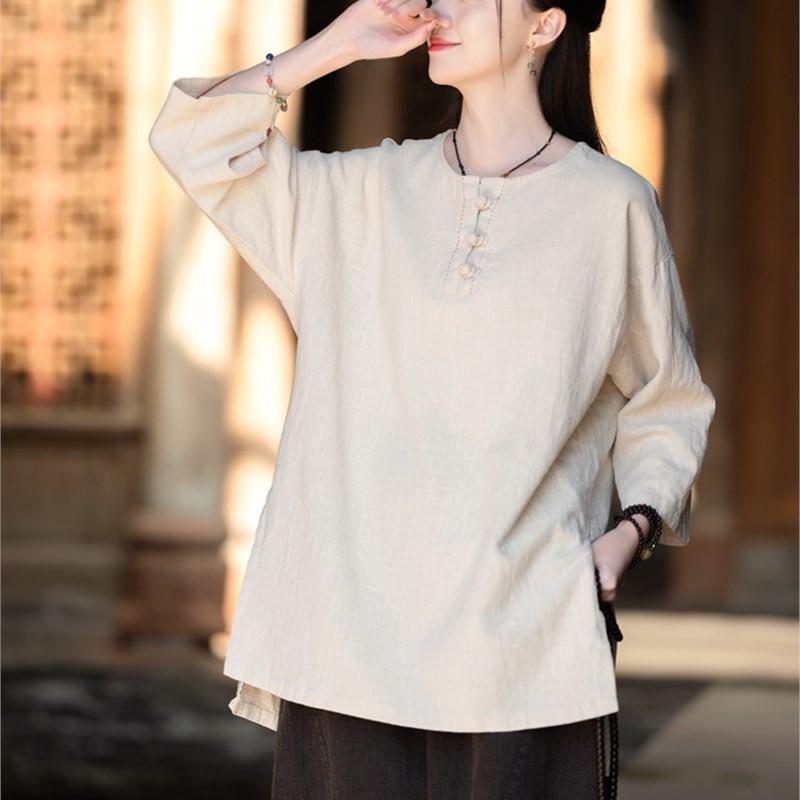 Johnature Женские винтажные футболки в китайском стиле с круглым вырезом и семью рукавами, однотонные свободные футболки с весенними пуговицами