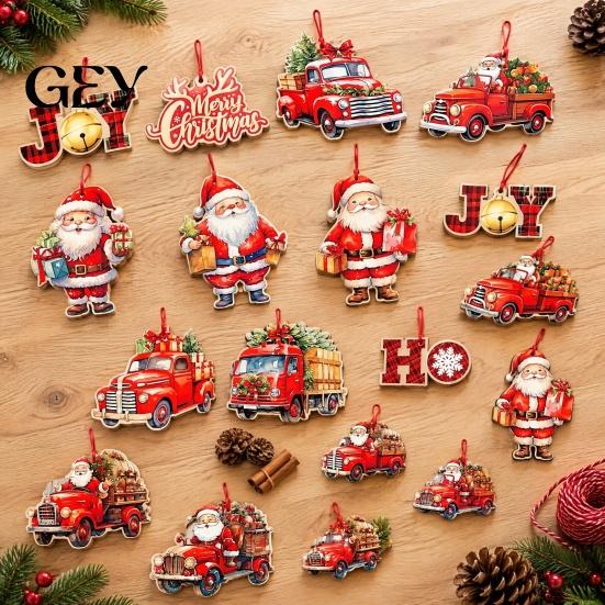 Christmas Wall Hanging Decor 12/24/36Pcs Wooden Ornaments, Santa Claus Red Truck Decorations with Rope, Xmas Window Tree Pendant, Holiday for