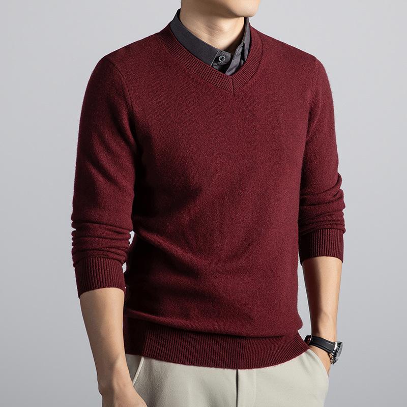 2025 Men's Thick Wool V-Neck Lapel Sweater - Fake Two-Piece Business Knitwear