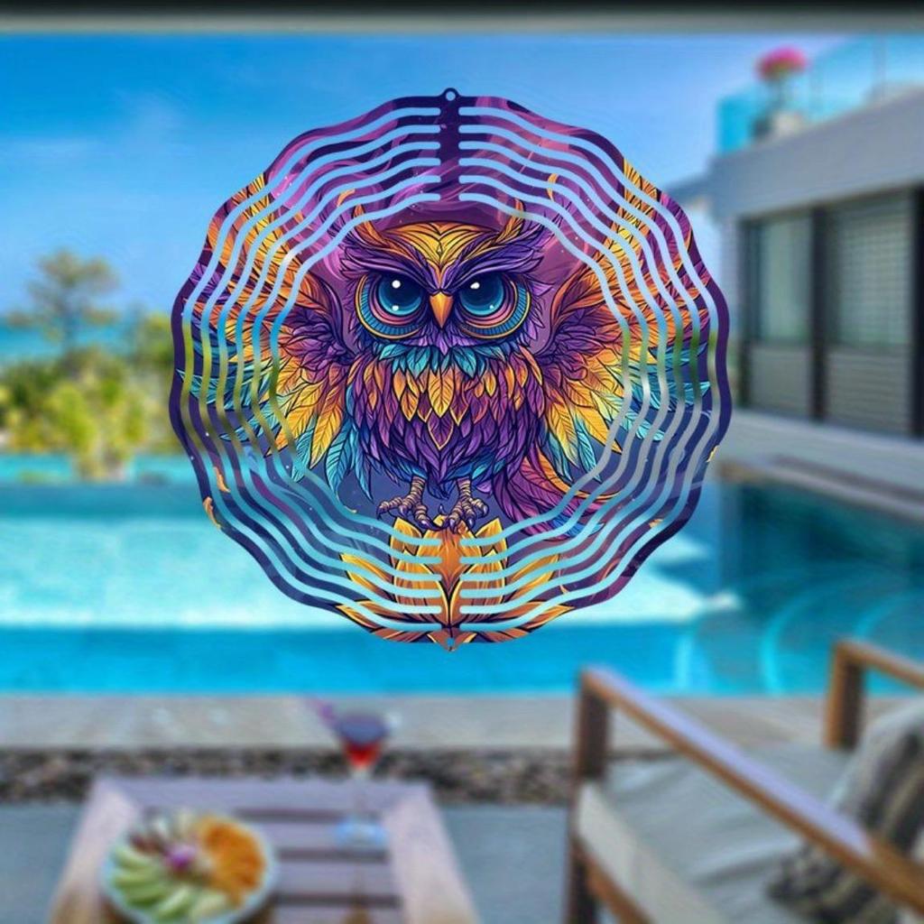 Purple Golden Owl Wind Chime with Stained Glass Outdoor Garden Decor 360 Rotating Hook No Battery Needed Easy Hang Home Art