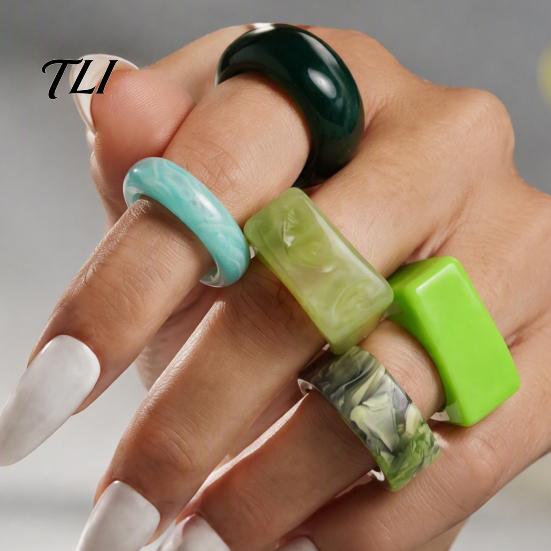 Summer Vacation Accessories 5 Pcs Resin Rings for Women, Wide Thick Stackable Layered Look Jewelry Chunky Rings, Square Dome Statement Knuckle Round