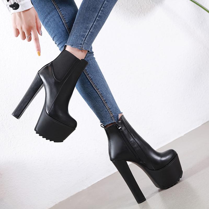 Women's Ankle Boots Thick Heels Women's Shoes 40 New 16CM High Heels Women's Ankle Boots Leather Spring and Winter