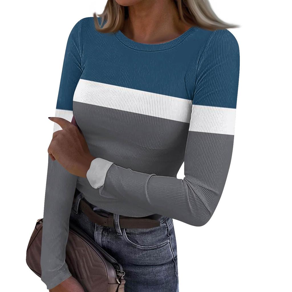 Женская и зимняя футболка с тонким низом, модная повседневная футболка с градиентным принтом и круглым вырезом, пуловер с длинным рукавом