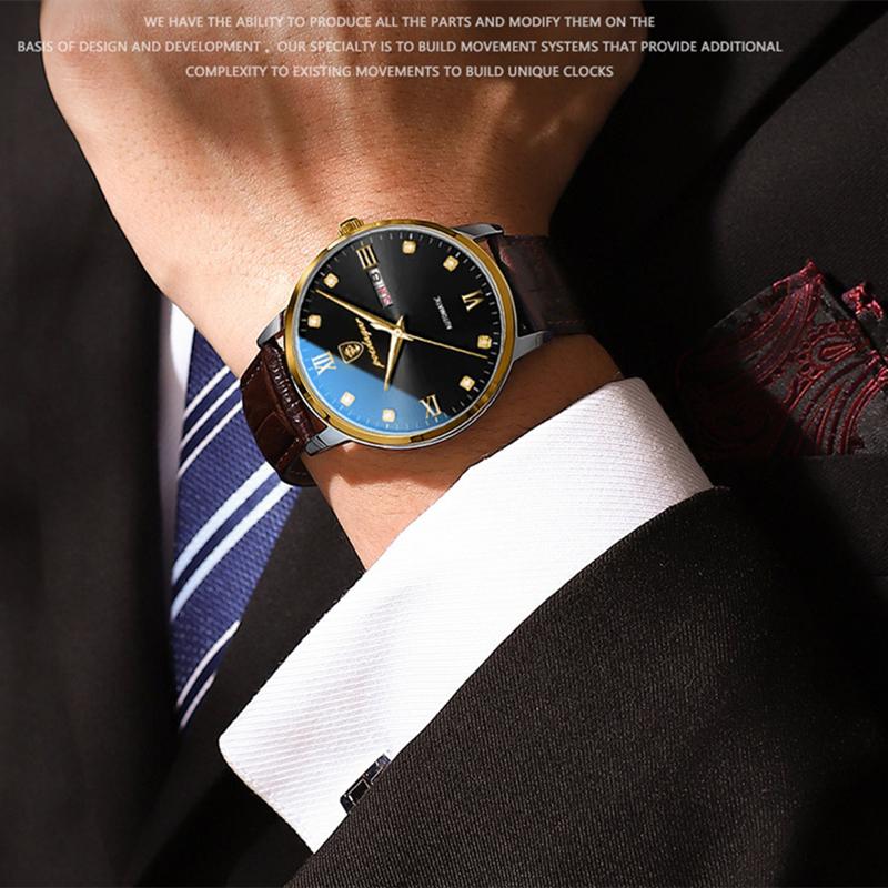 2023 Новые популярные мужские часы, водонепроницаемые светящиеся модные часы с бриллиантами, кожаный ремешок, деловые часы, автоматические часы с коробкой для часов