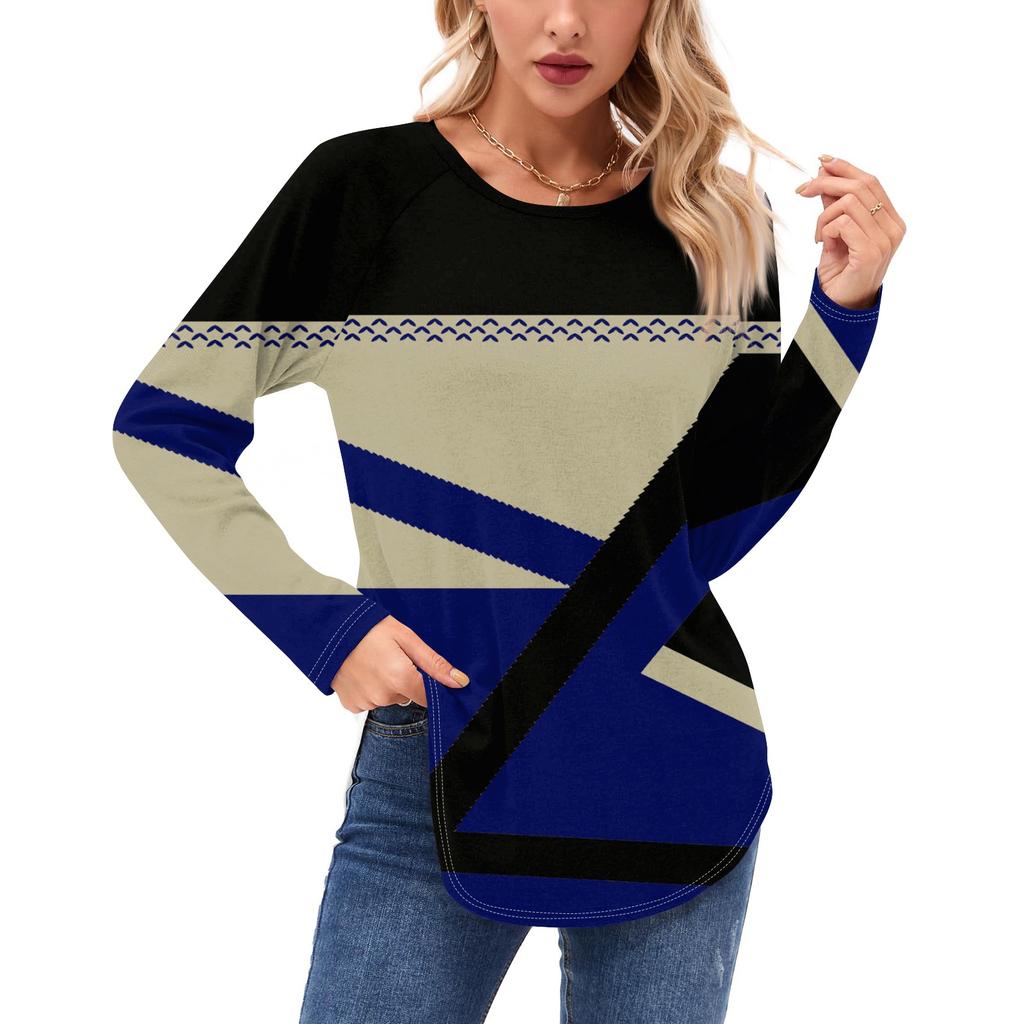 Женские рубашки с длинным рукавом, повседневная мода, туника с геометрическим принтом, топы с круглым вырезом, базовая свободная футболка