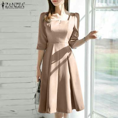 Женское повседневное плиссированное платье трапециевидной формы с квадратным воротником и половиной рукавов