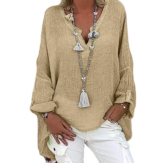 Женская рубашка с V-образным вырезом, длинным рукавом, средней длины, повседневные топы, однотонная свободная футболка из хлопка и льна, повседневная одежда