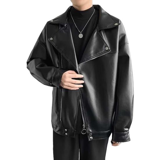Men Jacket Imitation Leather Motorcycle Style Solid Color Loose Fit Coat Lapel