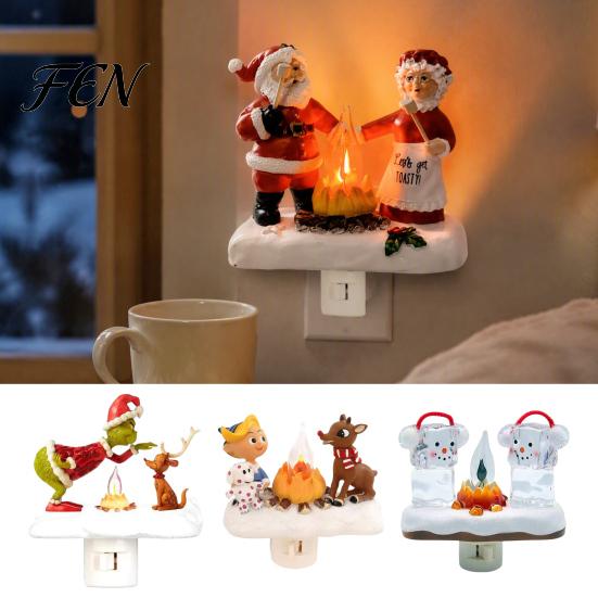 Christmas Party Tabletop Decor Night Light, Santa Claus Grandma Bonfire Resin LED Lamp Unique Winter Holiday Accessories for Bedroom, Plug-in Festive