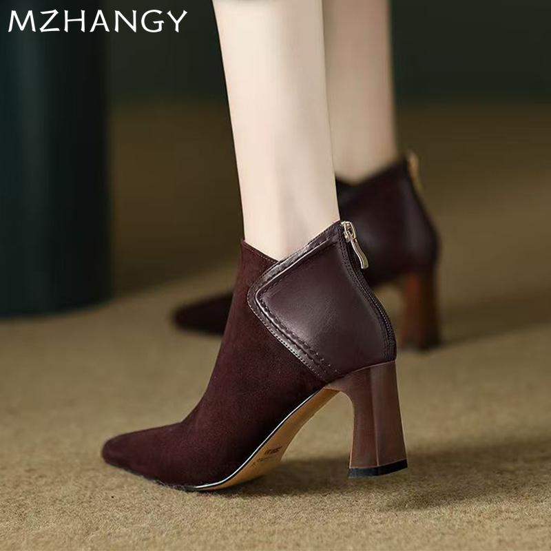 Модные женские замшевые ботильоны с острым носком, элегантные туфли на высоком каблуке, женская мода 2025 года, зимнее модное платье, новые туфли-лодочки, ботинки челси, Mujer