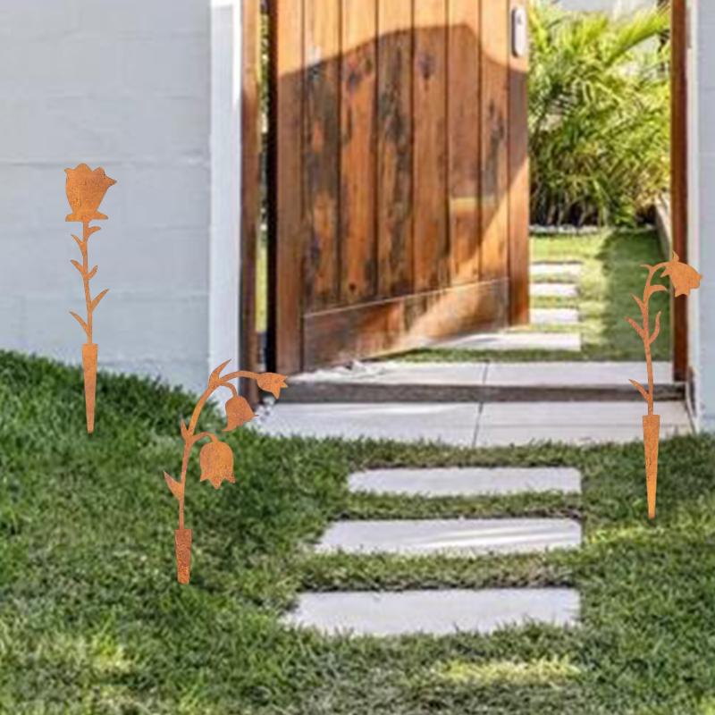 3pcs/set Metal Flower Stakes Rustic Rusty Bell Orchid For Yard Lawn Patio Iron Crafts Creative SL