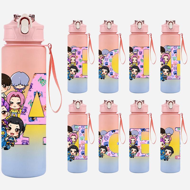 26 English Letter K-Pop Demon Hunters Printed 750Ml Water Bottle Large Capacity Drinking Cup Portable Children Outdoor Sports Water Cup