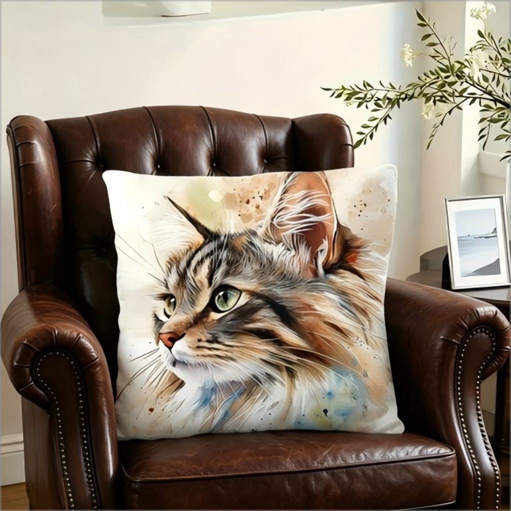 Watercolor Long-Haired Tabby Cat Throw Pillow Cover, Soft Artistic Kitten Print Decorative Cushion For Living Room Sofa Couch