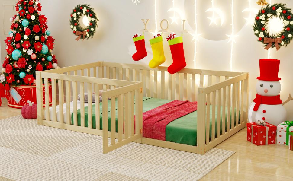 Kids' Bed 90 x 200, Wooden Floor Bed Frame with Fence and Door