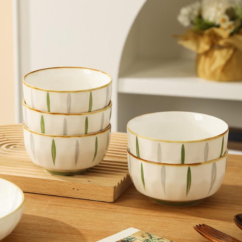 Fresh Green Wood Style Ceramic Rice & Noodle Bowl Set (6-piece)