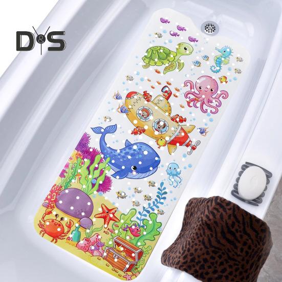 Коврик для ванной с изображением морских животных из мультфильма 100x40 см, с присоской и сливными отверстиями, прямоугольный, из ПВХ, нескользящий, подходит для машинной стирки, детский коврик для ванной и душа